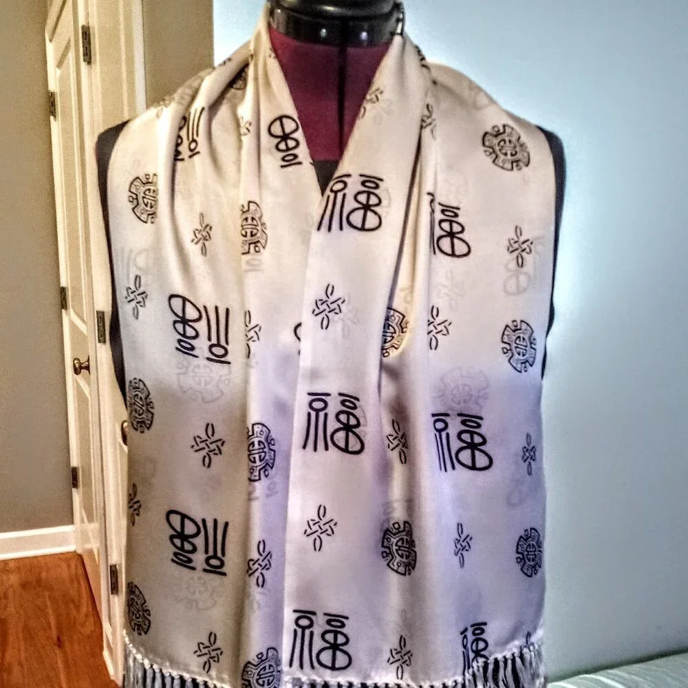 Chinese Ivory Black Silk Oblong Fringed Scarf